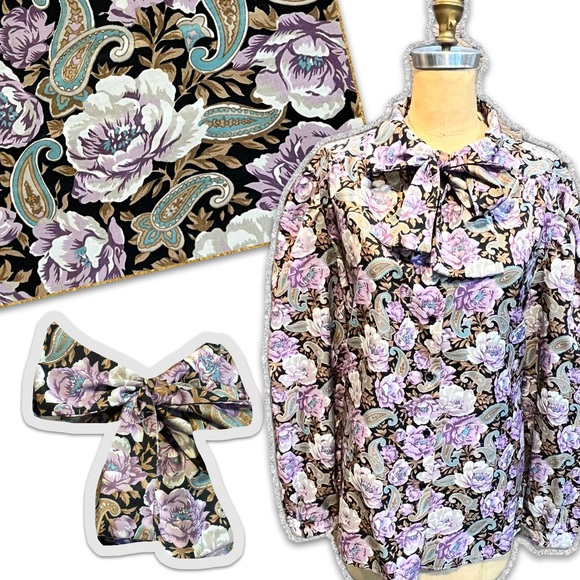 Vintage Tops - VINTAGE bow tie blouse 80s coquette floral paisley button down demure dressy